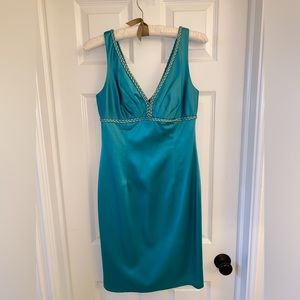 Gorgeous turquoise satin Kay Unger cocktail dress.